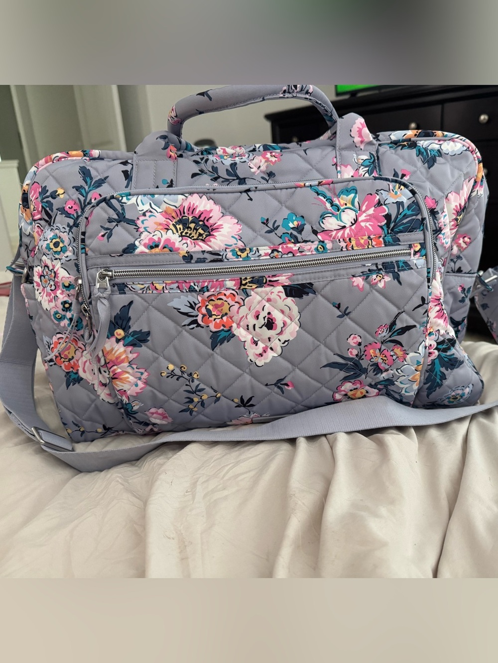 Vera Bradley Quilted Floral Travel Bag in Light Gray with Pink Accents